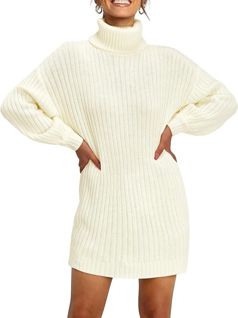 Boutique White Ribbed Turtleneck Long Sleeve Mini Sweater Dress S